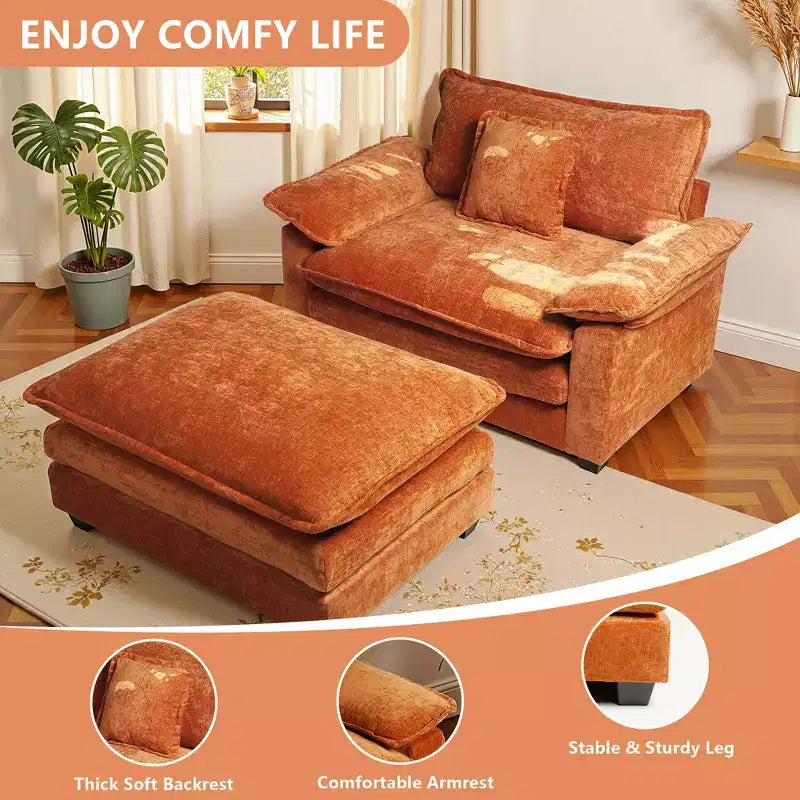 Fauteuil d'appoint surdimensionné en chenille EHMKNP avec pouf