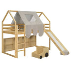 Lit mezzanine bas pour enfants avec toboggan et étagères de rangement, cadre de lit mezzanine en bois avec tente et escaliers