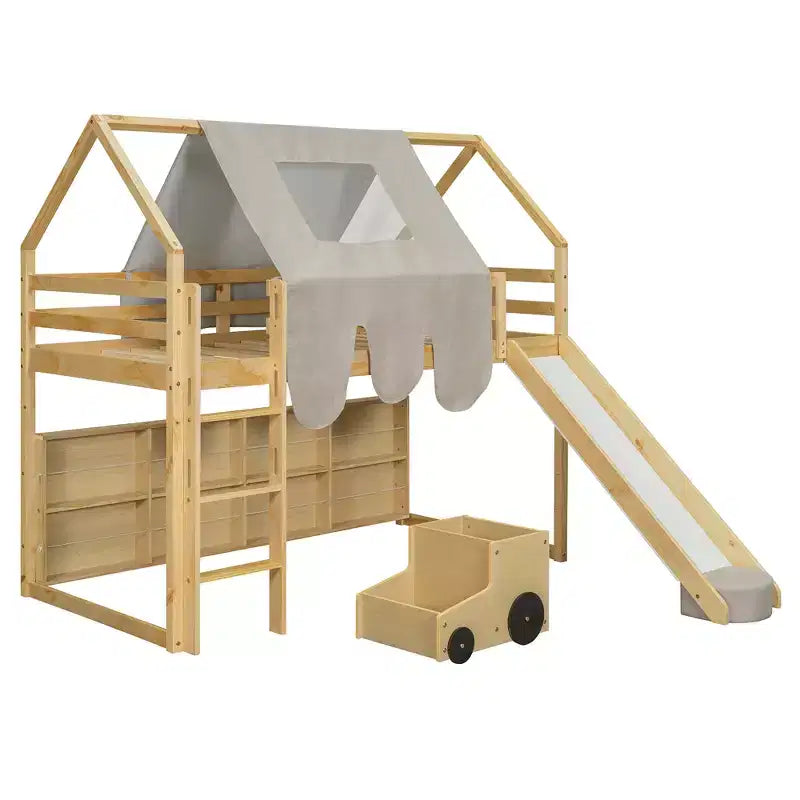 Letto a soppalco basso per bambini con scivolo e ripiani, struttura in legno a forma di casetta con tenda e scale