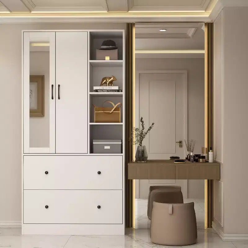 Armoire 2 portes avec miroir, tringle à vêtements et 2 tiroirs