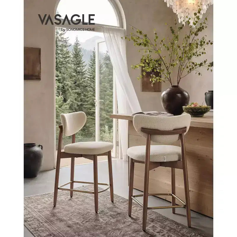 VASAGLE Set di 2 Sgabelli da Bar in Legno, Sgabelli da Bancone Imbottiti con Gambe in Legno Massello, Schienale Ergonomico, Tessuto Effetto Lino, Cappuccino