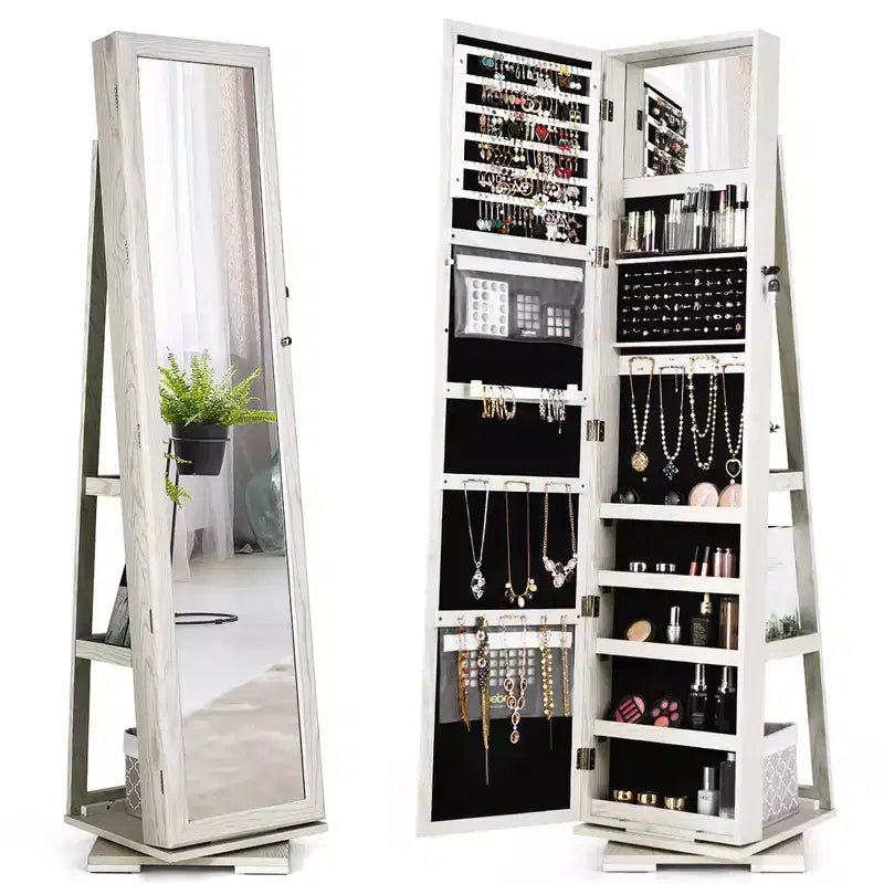 Costway Armoire à bijoux rotative à 360° 2-en-1 Organiseur miroir verrouillable Blanc/Noir/Marron foncé/Gris/Bleu/Rose/Violet/Gris foncé