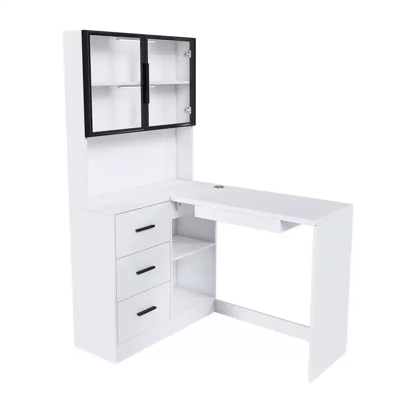 Scrivania JVNOXK con mobile in vetro e illuminazione LED integrata, scrivania angolare a L, con porte di ricarica USB e vassoio per tastiera, bianca