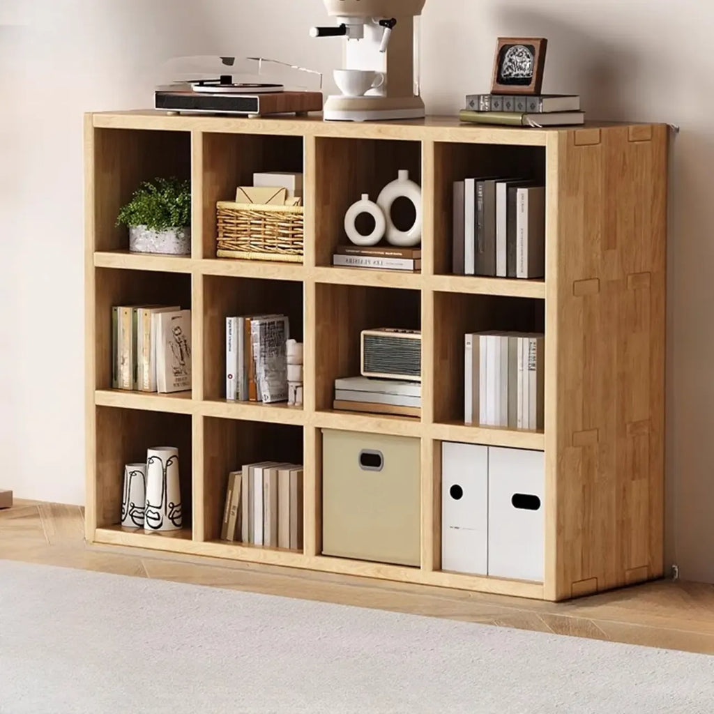 Libreria moderna orizzontale in legno a 8 cubi, finitura naturale