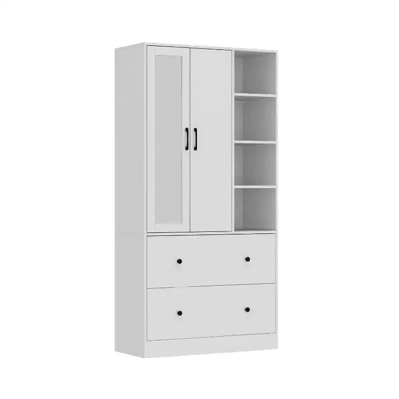 Armoire 2 portes avec miroir, tringle à vêtements et 2 tiroirs