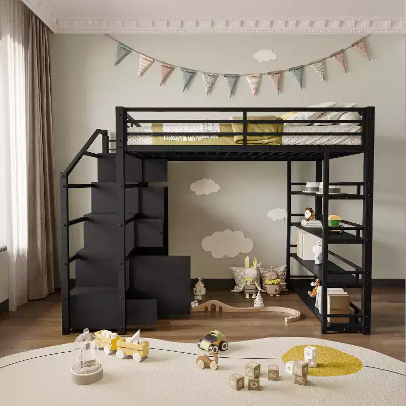 Lit mezzanine Queen Size en métal avec étagères de rangement, armoires et penderie