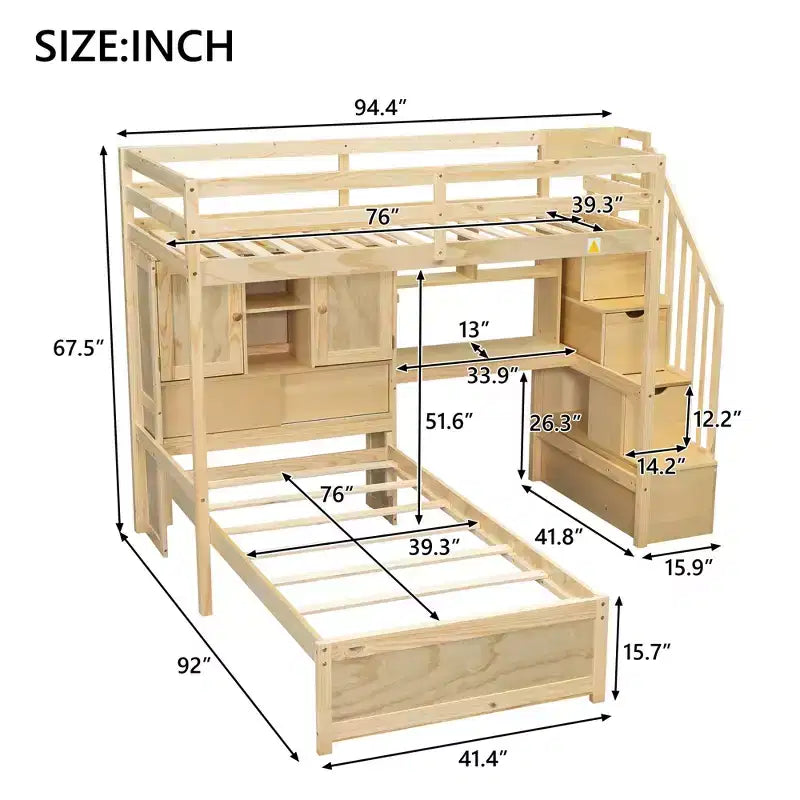 Letto a castello singolo in legno con scrivania e scala, letto a soppalco a L singolo su singolo con scomparti e ripiani per riporre oggetti