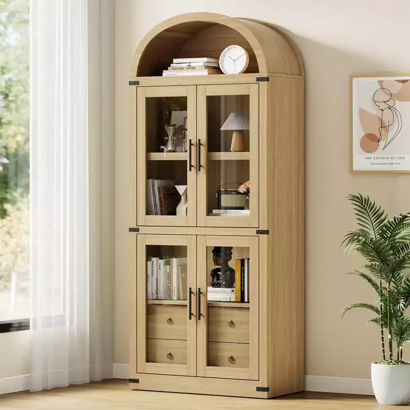 Libreria alta ad arco GustoWave 71.4 con 4 ante e 2 cassetti, armadietto espositivo profondo 15.8 con ripiani, scaffale in legno