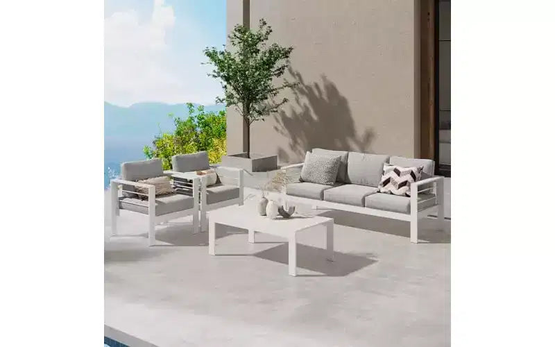 Set di mobili da giardino Heynemo in alluminio, set da salotto moderno da 4 pezzi con divano componibile e cuscini e tavolino da caffè per balcone
