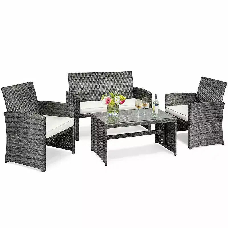 Costway Set di 4 mobili da giardino in rattan, divano imbottito con ripiano in vetro, bianco
