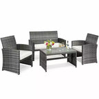 Costway Set di 4 mobili da giardino in rattan, divano imbottito con ripiano in vetro, bianco