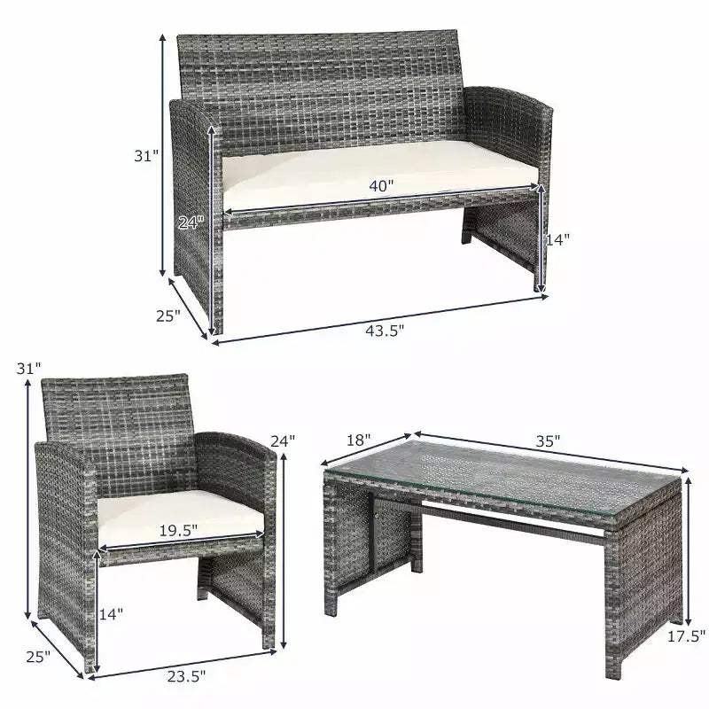 Costway Set di 4 mobili da giardino in rattan, divano imbottito con ripiano in vetro, bianco