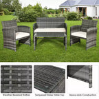 Costway Set di 4 mobili da giardino in rattan, divano imbottito con ripiano in vetro, bianco