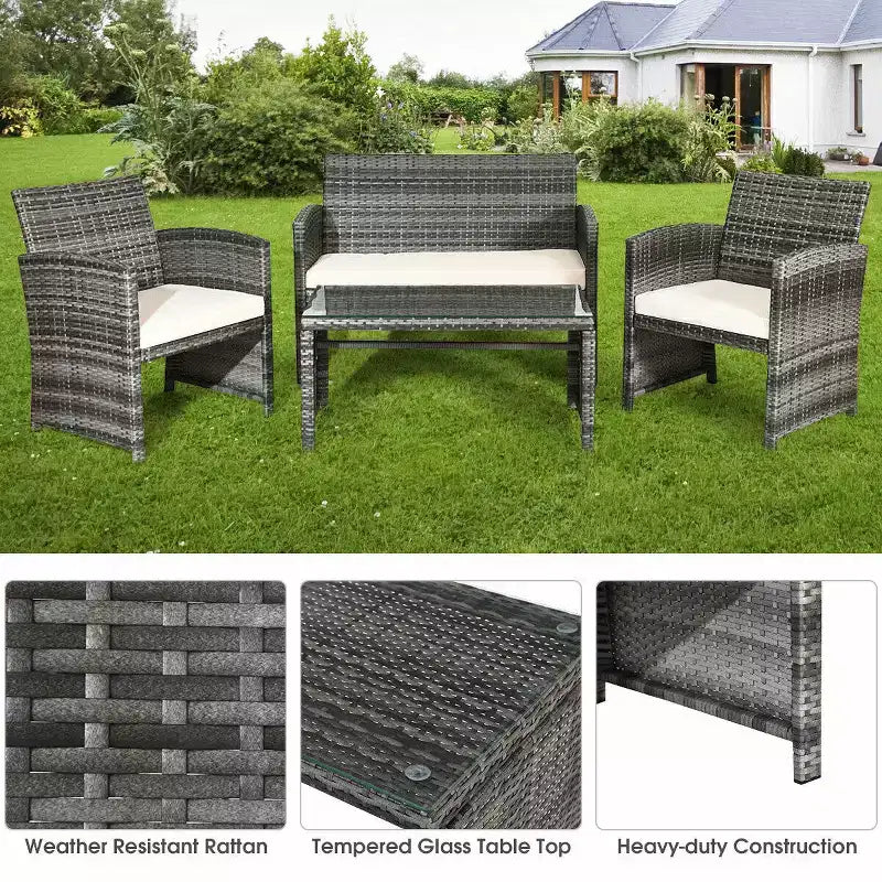 Costway Set di 4 mobili da giardino in rattan, divano imbottito con ripiano in vetro, bianco
