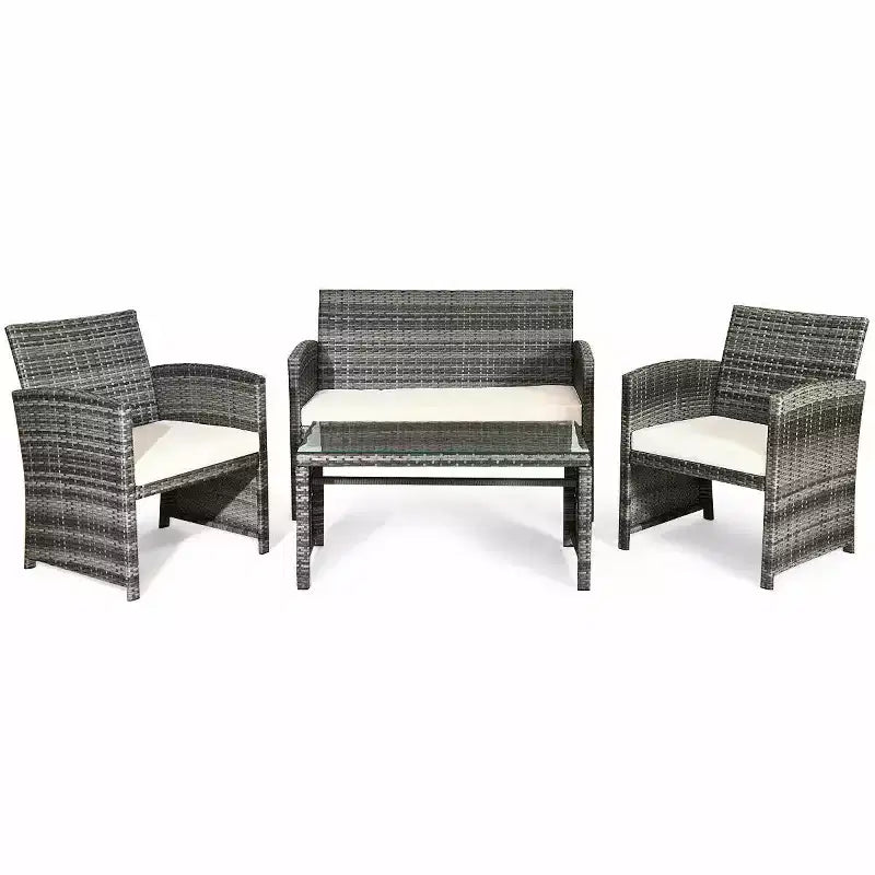 Costway Set di 4 mobili da giardino in rattan, divano imbottito con ripiano in vetro, bianco