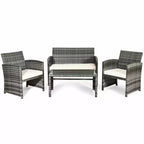 Costway Set di 4 mobili da giardino in rattan, divano imbottito con ripiano in vetro, bianco