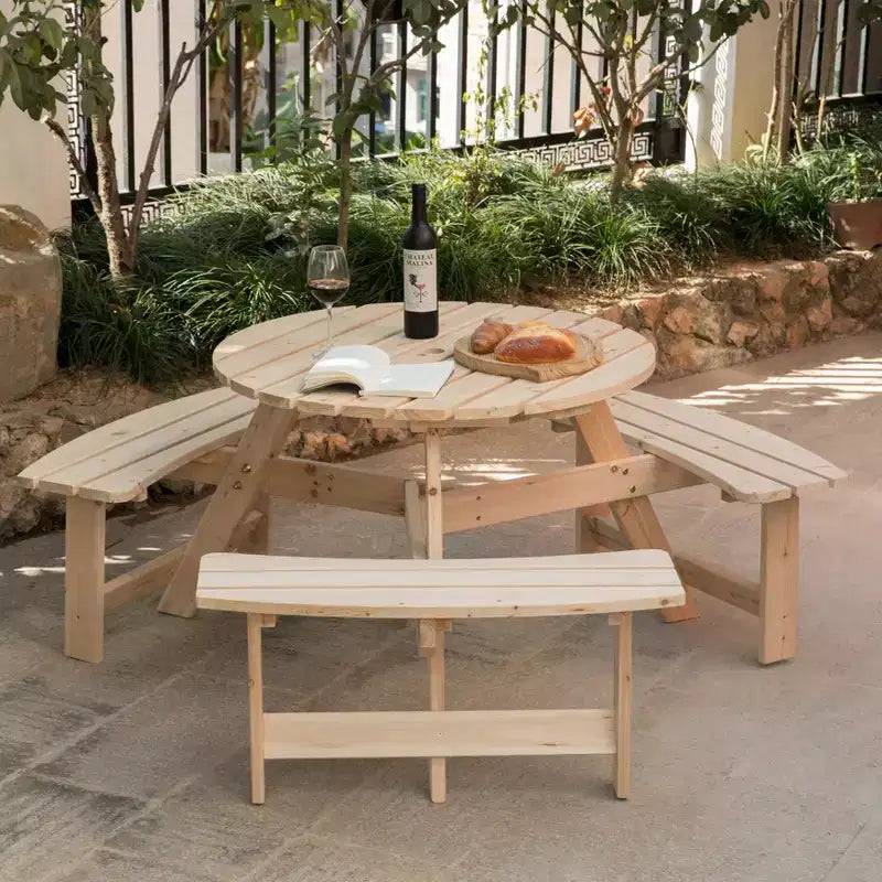 GardenisedTavolo da Picnic Rotondo in Legno per Esterni con Panca per Patio, 6 Posti con Foro per Ombrellone