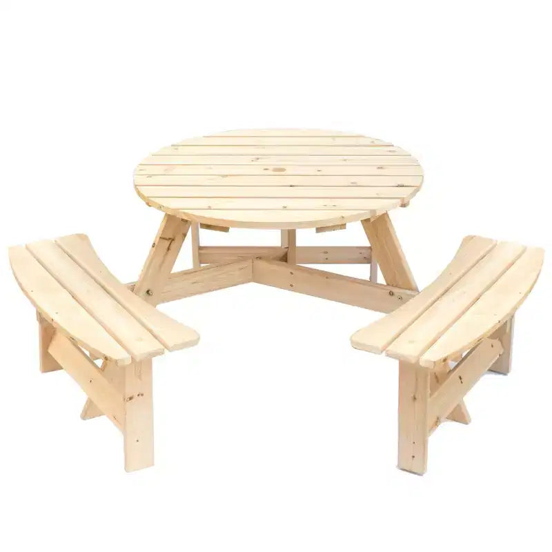 GardenisedTavolo da Picnic Rotondo in Legno per Esterni con Panca per Patio, 6 Posti con Foro per Ombrellone