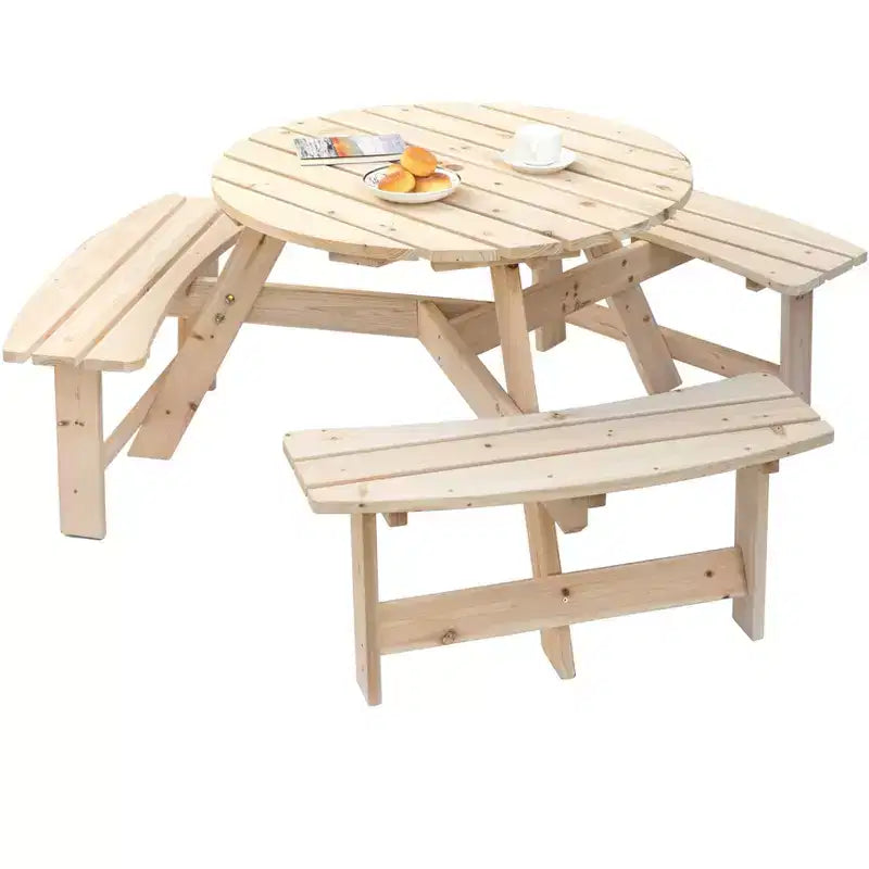 GardenisedTavolo da Picnic Rotondo in Legno per Esterni con Panca per Patio, 6 Posti con Foro per Ombrellone
