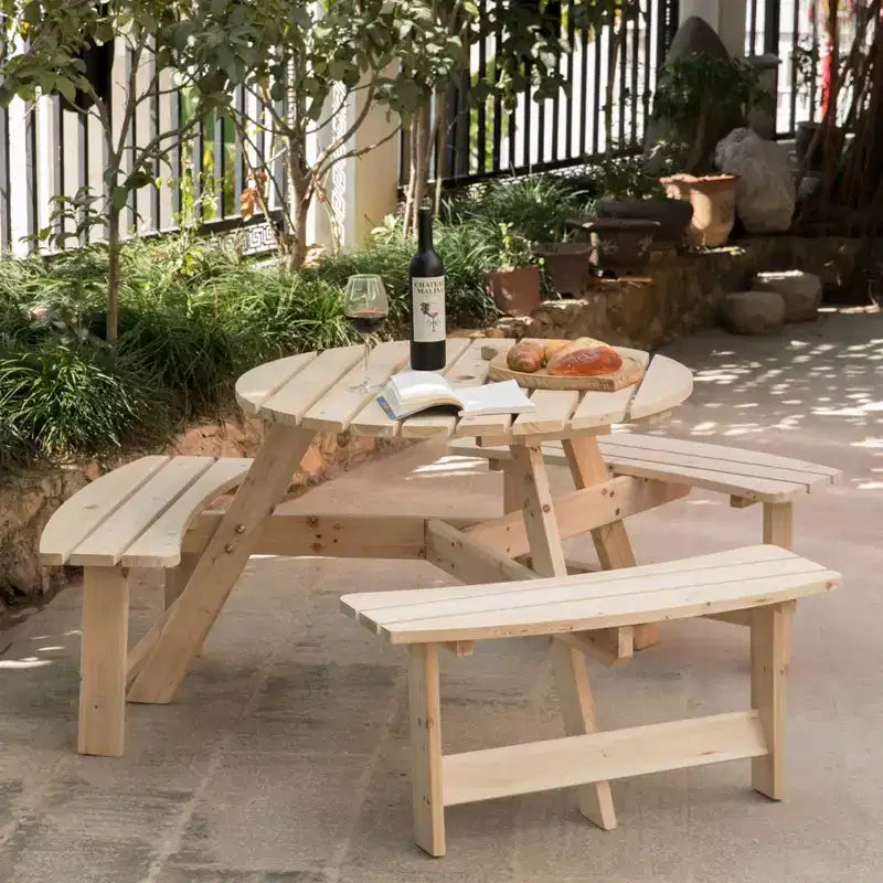 GardenisedTavolo da Picnic Rotondo in Legno per Esterni con Panca per Patio, 6 Posti con Foro per Ombrellone