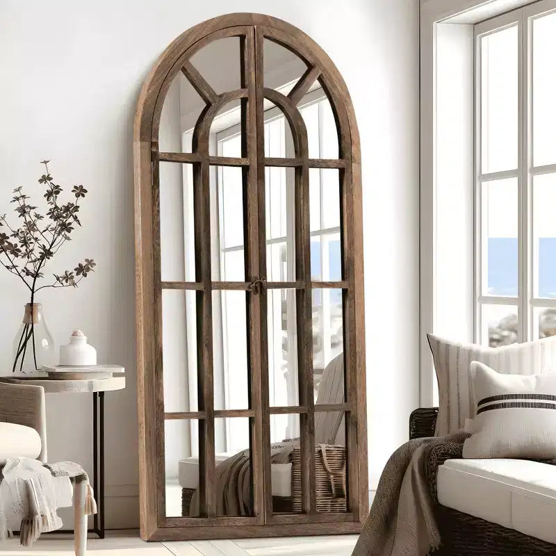 Miroir mural pleine longueur, design cintrée à grille en bois massif, ouvrable, sans support