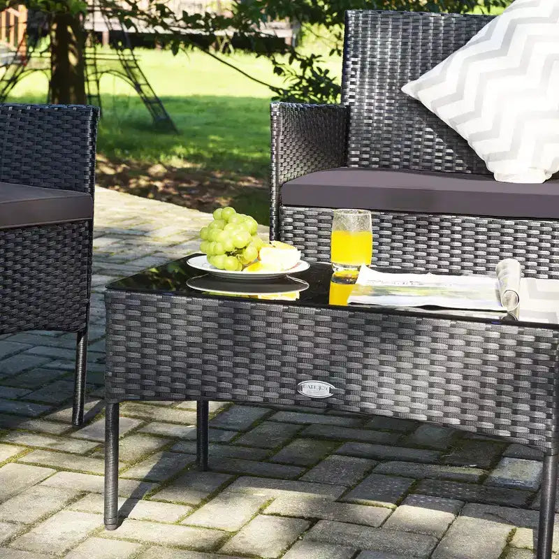 Costway Set 4 Pezzi Mobili da Giardino in Rattan Divano con Cuscini Tavolino da Caffè Giardino Turchese/Rosso/Bianco/Grigio/Blu scuro