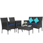 Costway Set 4 Pezzi Mobili da Giardino in Rattan Divano con Cuscini Tavolino da Caffè Giardino Turchese/Rosso/Bianco/Grigio/Blu scuro