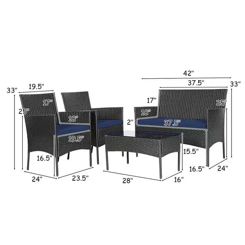 Costway Set 4 Pezzi Mobili da Giardino in Rattan Divano con Cuscini Tavolino da Caffè Giardino Turchese/Rosso/Bianco/Grigio/Blu scuro