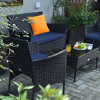 Costway Set 4 Pezzi Mobili da Giardino in Rattan Divano con Cuscini Tavolino da Caffè Giardino Turchese/Rosso/Bianco/Grigio/Blu scuro