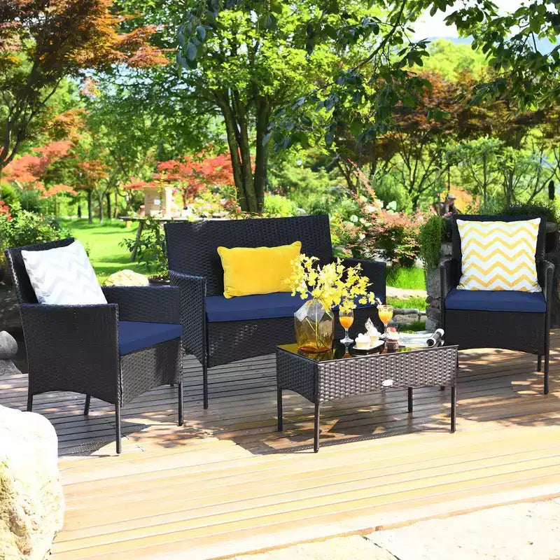 Costway Set 4 Pezzi Mobili da Giardino in Rattan Divano con Cuscini Tavolino da Caffè Giardino Turchese/Rosso/Bianco/Grigio/Blu scuro