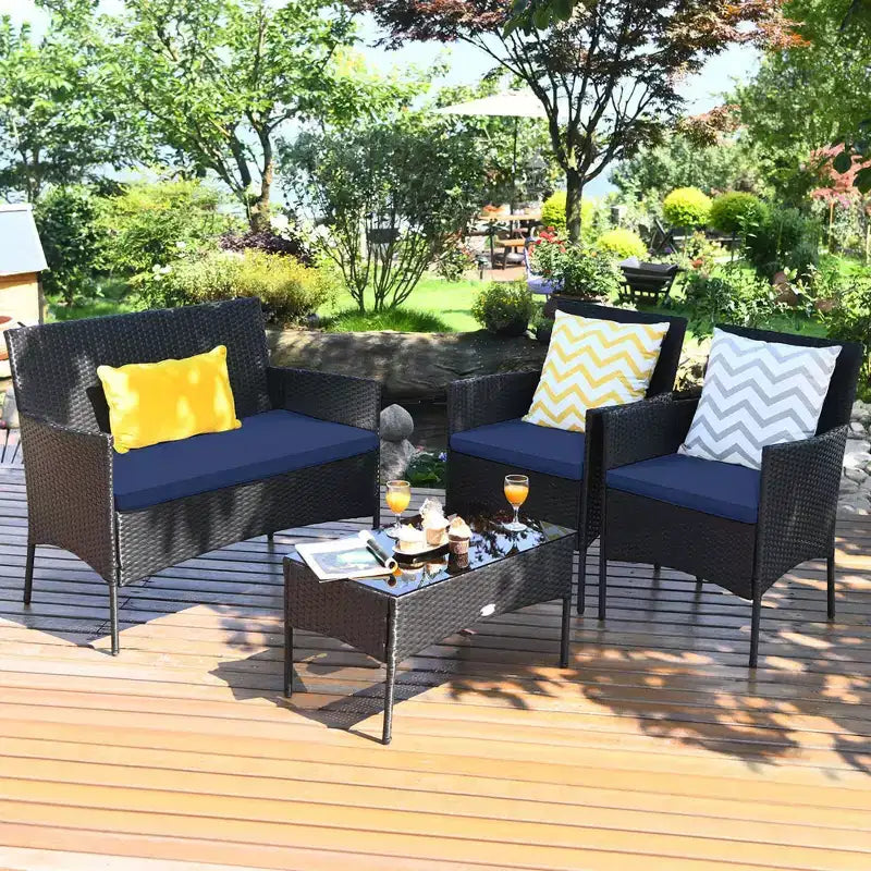 Costway Set 4 Pezzi Mobili da Giardino in Rattan Divano con Cuscini Tavolino da Caffè Giardino Turchese/Rosso/Bianco/Grigio/Blu scuro