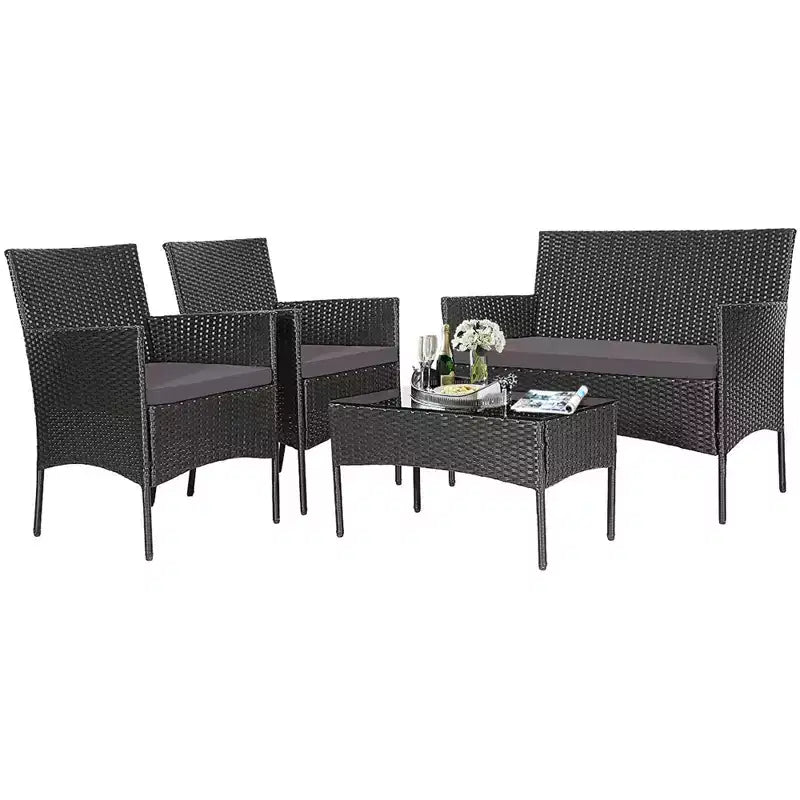 Costway Set 4 Pezzi Mobili da Giardino in Rattan Divano con Cuscini Tavolino da Caffè Giardino Turchese/Rosso/Bianco/Grigio/Blu scuro