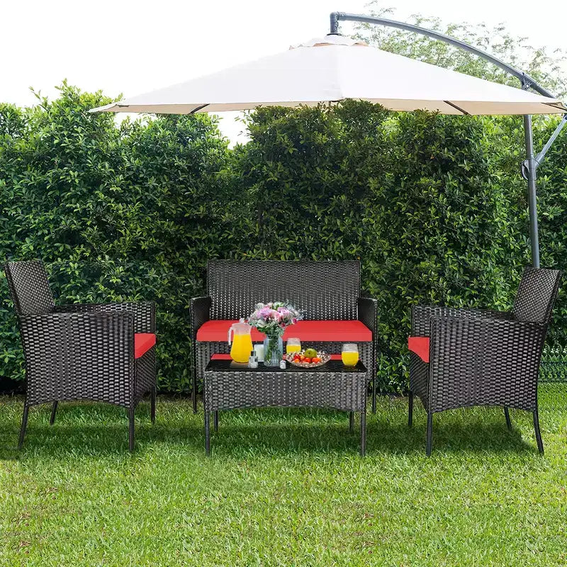 Costway Set 4 Pezzi Mobili da Giardino in Rattan Divano con Cuscini Tavolino da Caffè Giardino Turchese/Rosso/Bianco/Grigio/Blu scuro