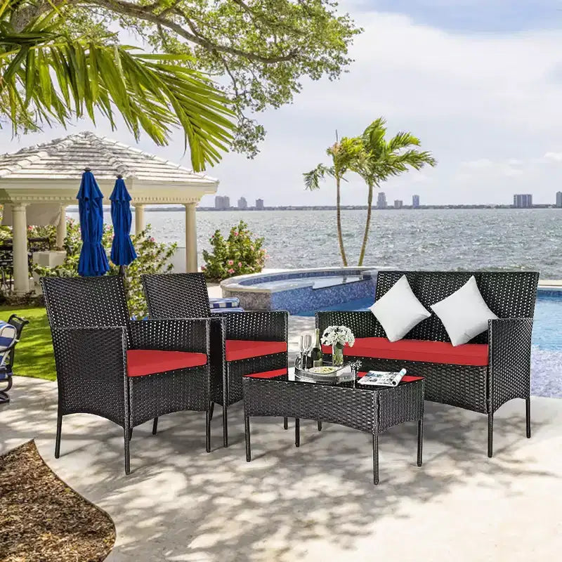 Costway Set 4 Pezzi Mobili da Giardino in Rattan Divano con Cuscini Tavolino da Caffè Giardino Turchese/Rosso/Bianco/Grigio/Blu scuro