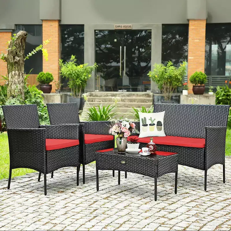 Costway Set 4 Pezzi Mobili da Giardino in Rattan Divano con Cuscini Tavolino da Caffè Giardino Turchese/Rosso/Bianco/Grigio/Blu scuro