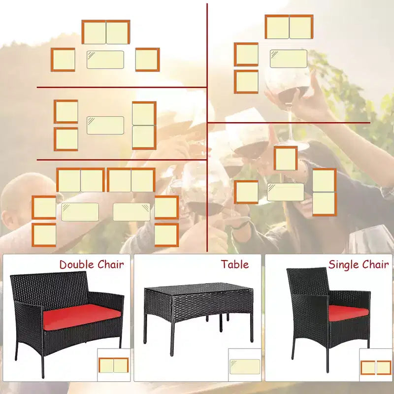 Costway Set 4 Pezzi Mobili da Giardino in Rattan Divano con Cuscini Tavolino da Caffè Giardino Turchese/Rosso/Bianco/Grigio/Blu scuro