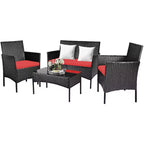 Costway Set 4 Pezzi Mobili da Giardino in Rattan Divano con Cuscini Tavolino da Caffè Giardino Turchese/Rosso/Bianco/Grigio/Blu scuro