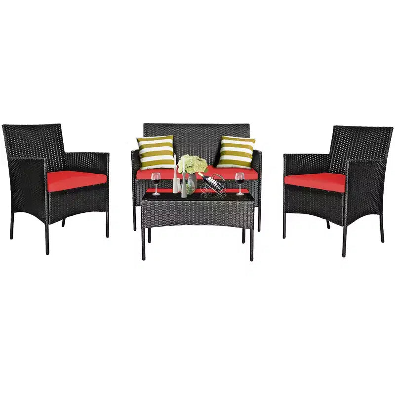 Costway Set 4 Pezzi Mobili da Giardino in Rattan Divano con Cuscini Tavolino da Caffè Giardino Turchese/Rosso/Bianco/Grigio/Blu scuro