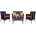 Costway Set 4 Pezzi Mobili da Giardino in Rattan Divano con Cuscini Tavolino da Caffè Giardino Turchese/Rosso/Bianco/Grigio/Blu scuro