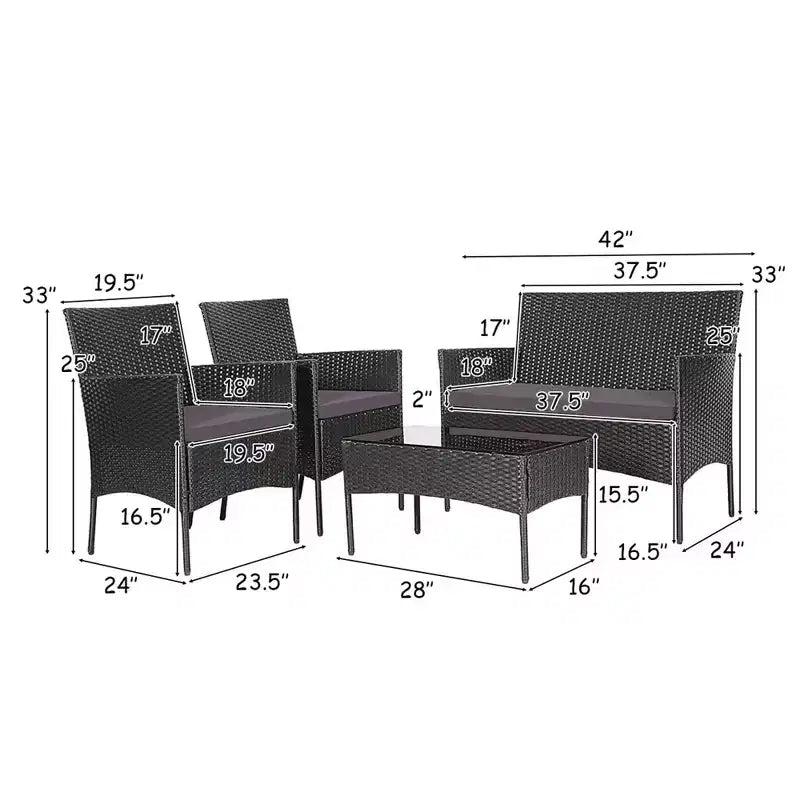 Costway Set 4 Pezzi Mobili da Giardino in Rattan Divano con Cuscini Tavolino da Caffè Giardino Turchese/Rosso/Bianco/Grigio/Blu scuro