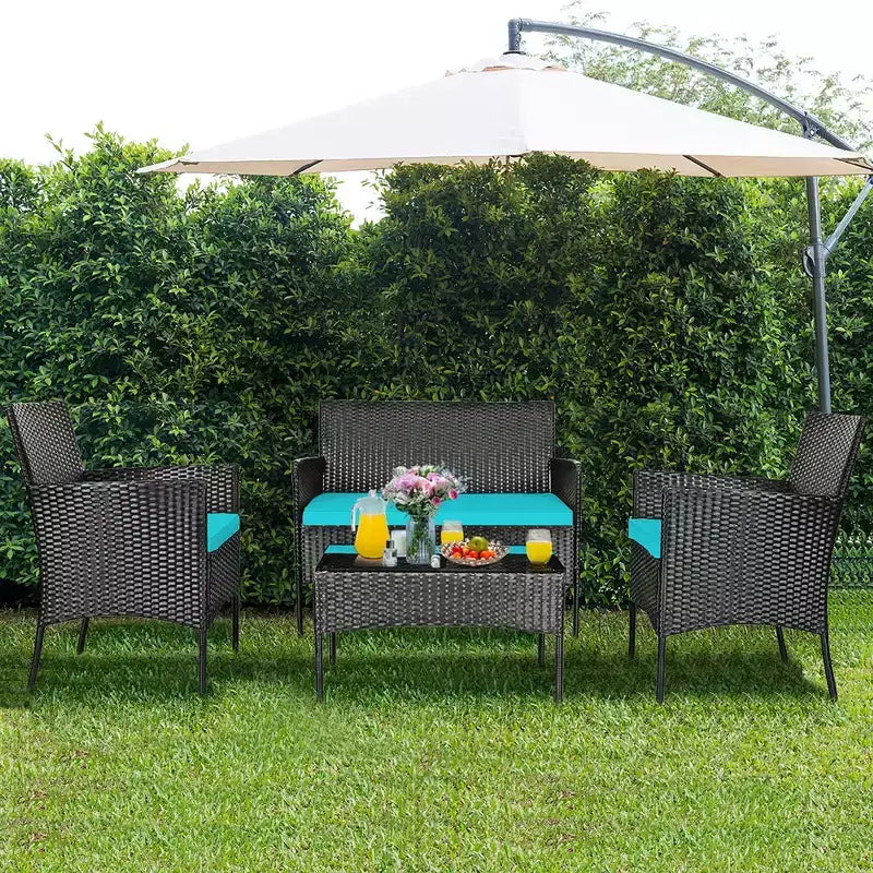 Costway Set 4 Pezzi Mobili da Giardino in Rattan Divano con Cuscini Tavolino da Caffè Giardino Turchese/Rosso/Bianco/Grigio/Blu scuro