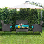 Costway Set 4 Pezzi Mobili da Giardino in Rattan Divano con Cuscini Tavolino da Caffè Giardino Turchese/Rosso/Bianco/Grigio/Blu scuro