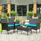 Costway Set 4 Pezzi Mobili da Giardino in Rattan Divano con Cuscini Tavolino da Caffè Giardino Turchese/Rosso/Bianco/Grigio/Blu scuro