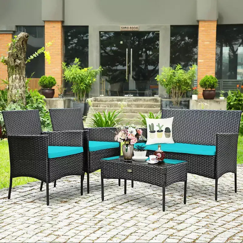 Costway Set 4 Pezzi Mobili da Giardino in Rattan Divano con Cuscini Tavolino da Caffè Giardino Turchese/Rosso/Bianco/Grigio/Blu scuro