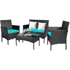 Costway Set 4 Pezzi Mobili da Giardino in Rattan Divano con Cuscini Tavolino da Caffè Giardino Turchese/Rosso/Bianco/Grigio/Blu scuro