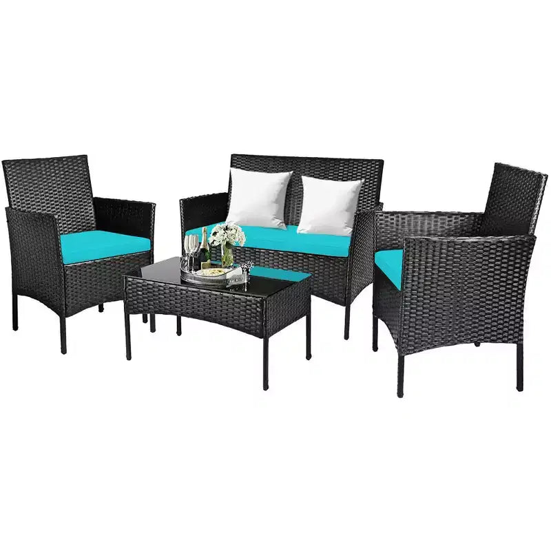 Costway Set 4 Pezzi Mobili da Giardino in Rattan Divano con Cuscini Tavolino da Caffè Giardino Turchese/Rosso/Bianco/Grigio/Blu scuro