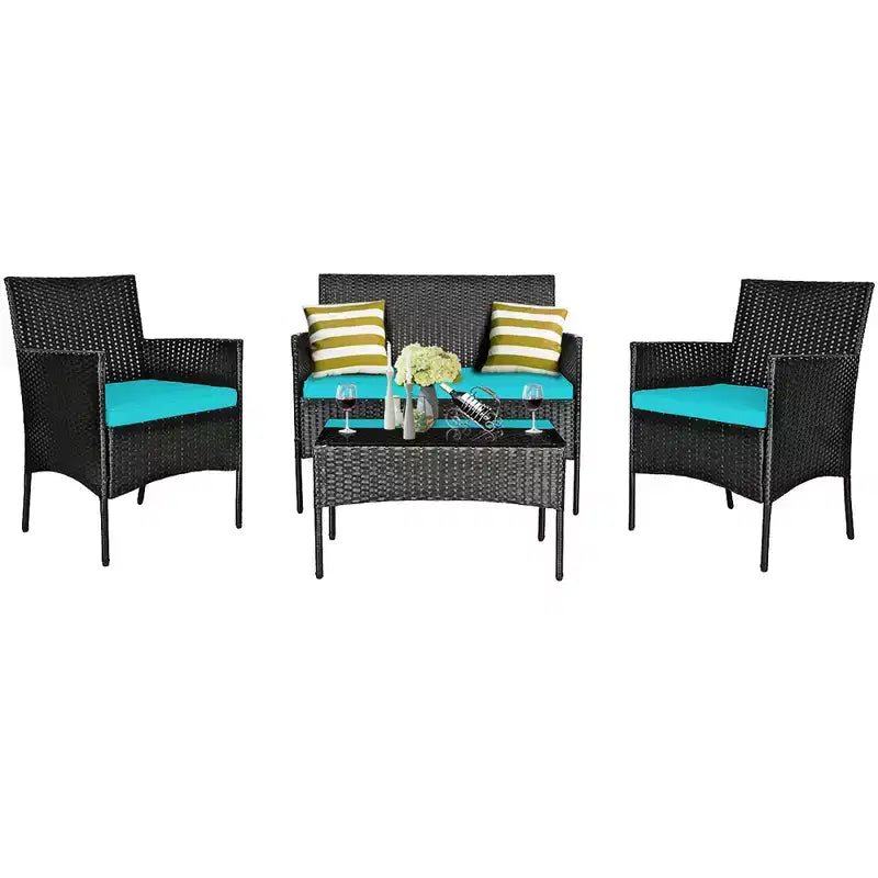 Costway Set 4 Pezzi Mobili da Giardino in Rattan Divano con Cuscini Tavolino da Caffè Giardino Turchese/Rosso/Bianco/Grigio/Blu scuro
