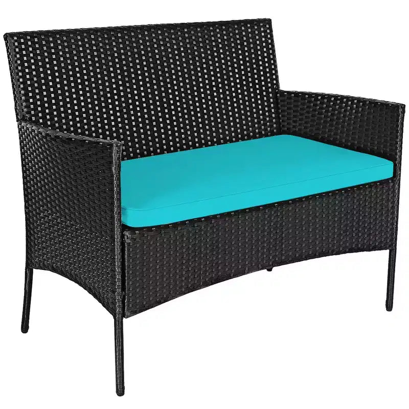 Costway Set 4 Pezzi Mobili da Giardino in Rattan Divano con Cuscini Tavolino da Caffè Giardino Turchese/Rosso/Bianco/Grigio/Blu scuro