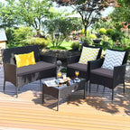 Costway Set 4 Pezzi Mobili da Giardino in Rattan Divano con Cuscini Tavolino da Caffè Giardino Turchese/Rosso/Bianco/Grigio/Blu scuro