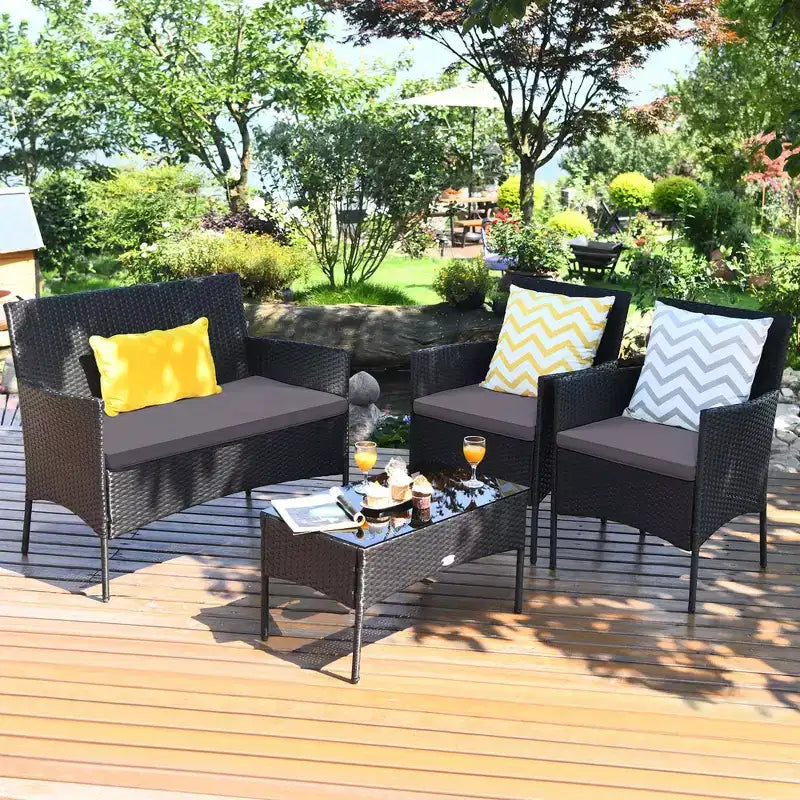 Costway Set 4 Pezzi Mobili da Giardino in Rattan Divano con Cuscini Tavolino da Caffè Giardino Turchese/Rosso/Bianco/Grigio/Blu scuro
